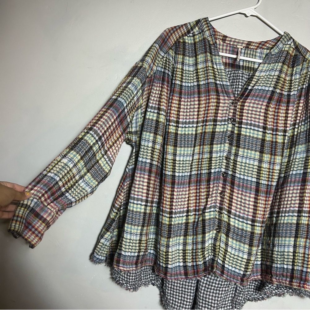 Free People Come On Over Plaid Oversized Button Down Blouse - Picture 3 of 8